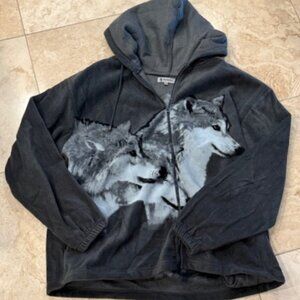 Angderson heavy weight charcoal gray and white fleece coat with wolf motif.